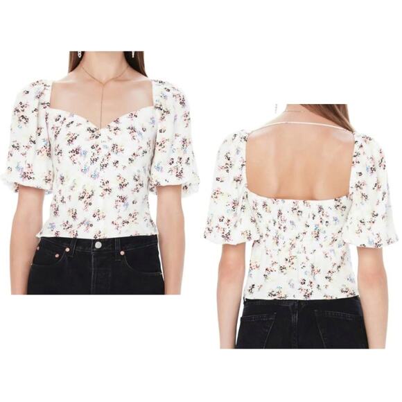 AFRM White Floral Puffy Sleeve Crop Top Size Small - Picture 1 of 12